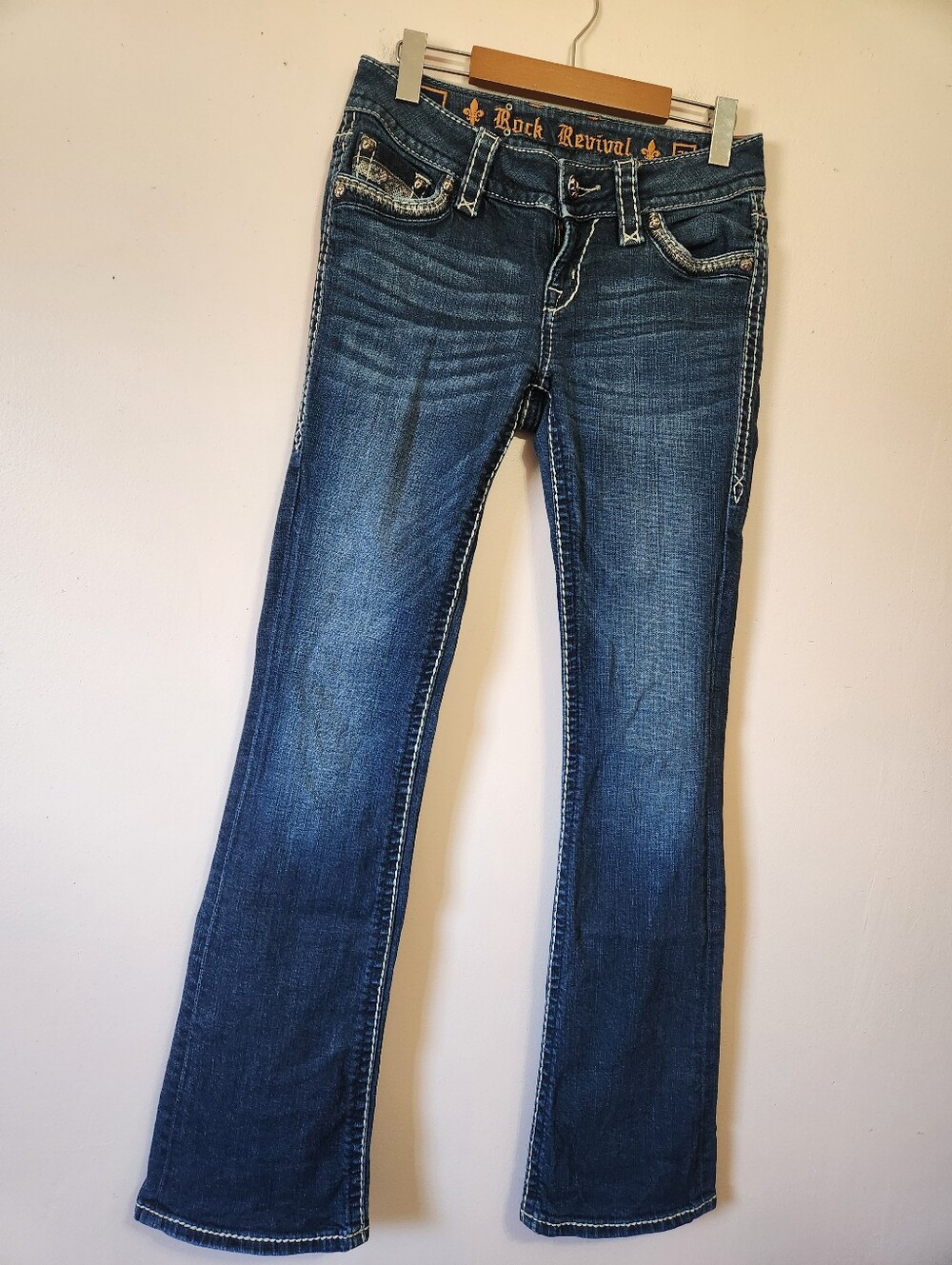 Rock Revival Roux Bootcut Jeans Y2K Western Sequin Thick Stitch Sz 27 Like New